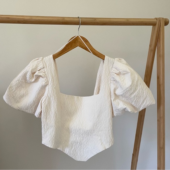 NWT Zara Textured Corset Square Neck Puff Sleeve Top in Cream - M - Picture 5 of 8